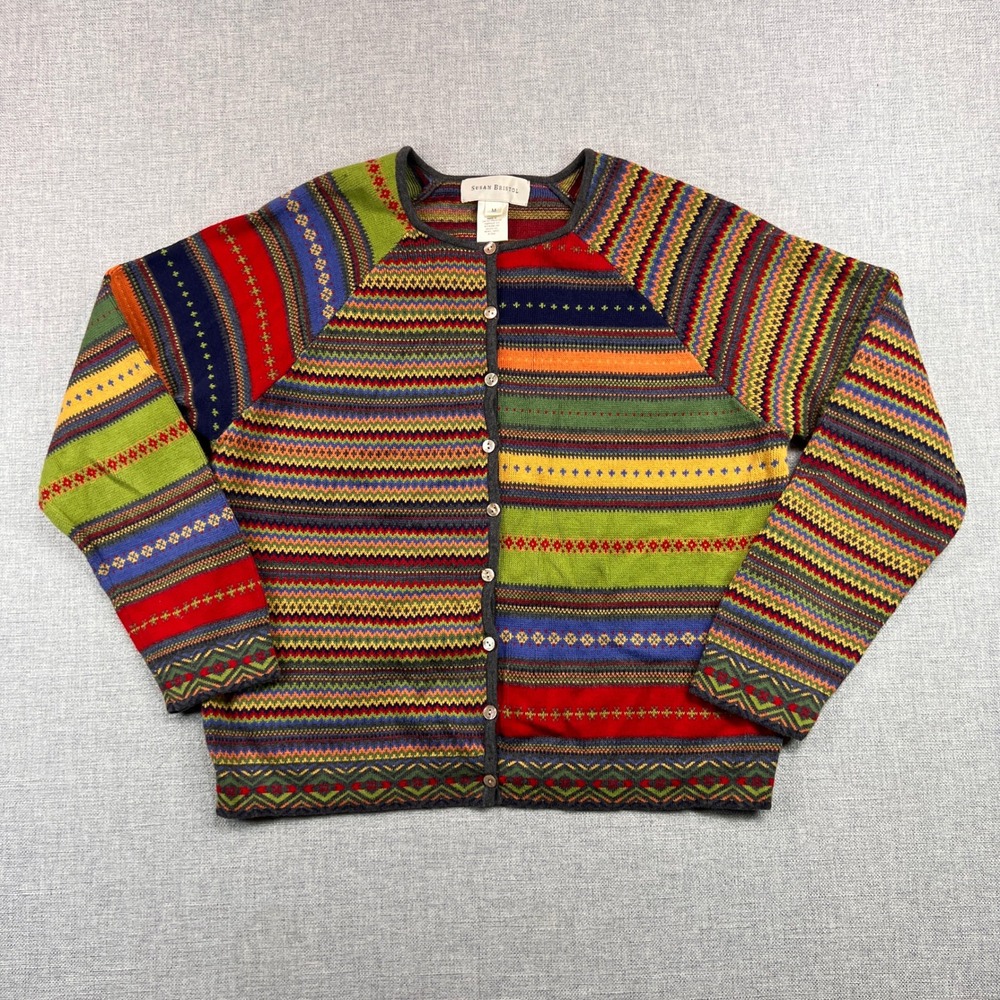 VTG Y2K Susan Bristol Fair Isle Cotton Knit Cardigan Women Medium UK Cottagecore